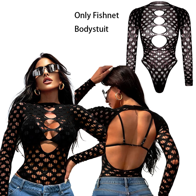 Mesh Rave Bodysuit Women Summer Sexy Long Sleeve Beach Cover Up hollow Out Sheer Fishnet Swimsuit Music Festival Outfit