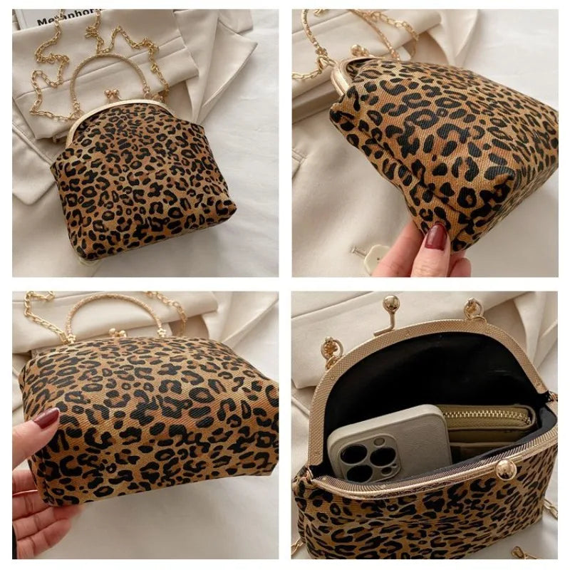 Leopard Print Clip Buckle Bag Women's New Trendy Korean Fashion Versatile Shoulder Chain Bag Women Messenger Bag