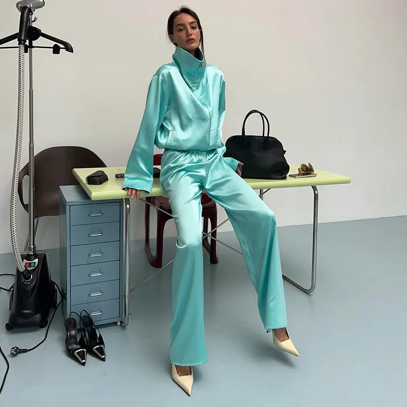 Elegant Loose Solid Jacket Pants Women's Suit Full Sleeve Stand Collar Zipper Jacket Wide Leg Female 2026 Autumn Winter Lady New