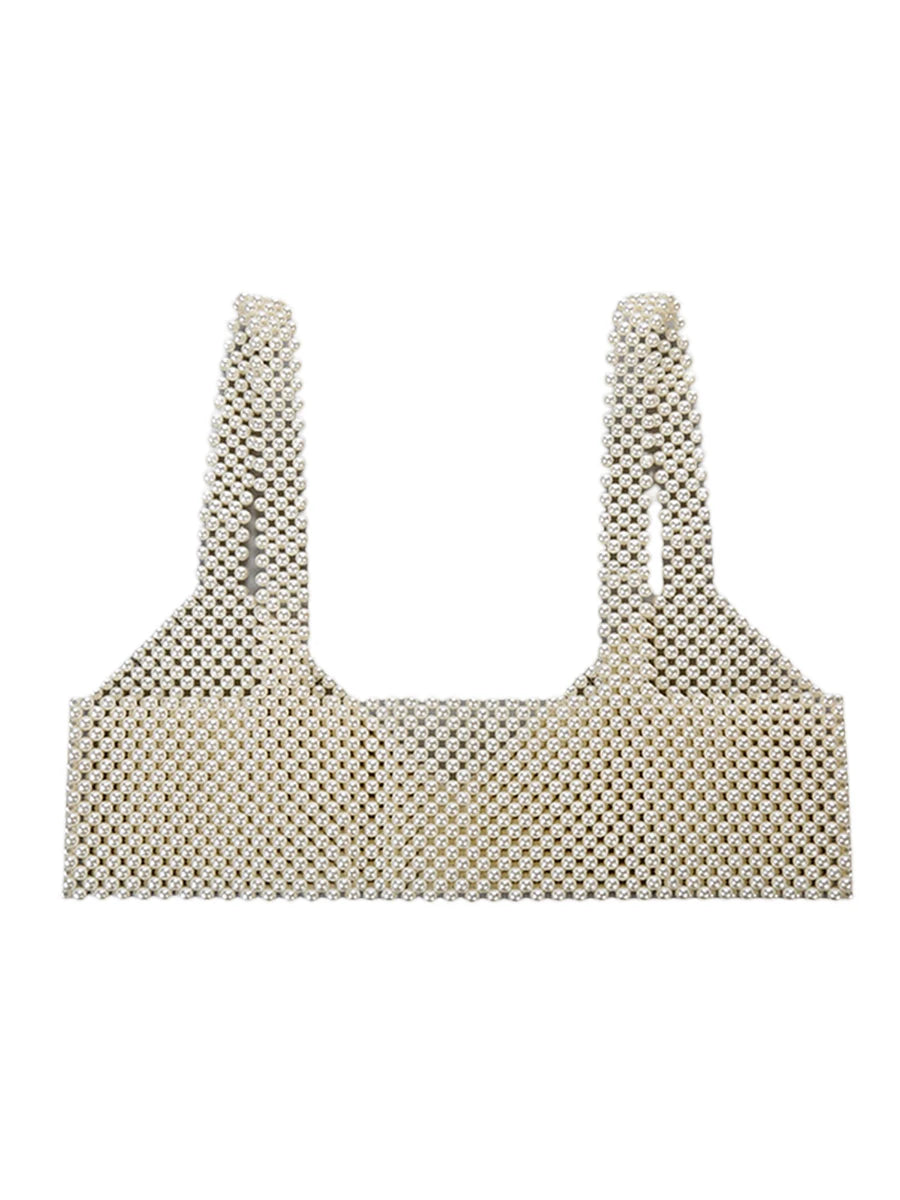 Women's Coquette Camisole, Adult Solid Color Sleeveless Hollow-Out Bead Decoration Matching Vest Sling Crop Tops