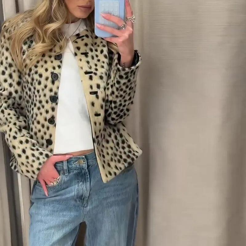 Chic Leopard Print Crop Jacket Women Modern O-neck Single Breasted Full Sleeve Coat Female 2026 Autumn Lady Outwears New