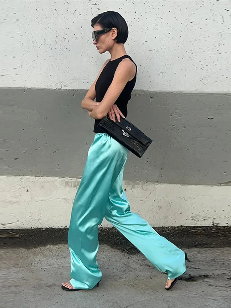 Solid Satin Long Sleeve Casual 2 Piece Set Women Stand Collar Zip Crop Coat Elastic Waist Pants Autumn New Street Matching Suit