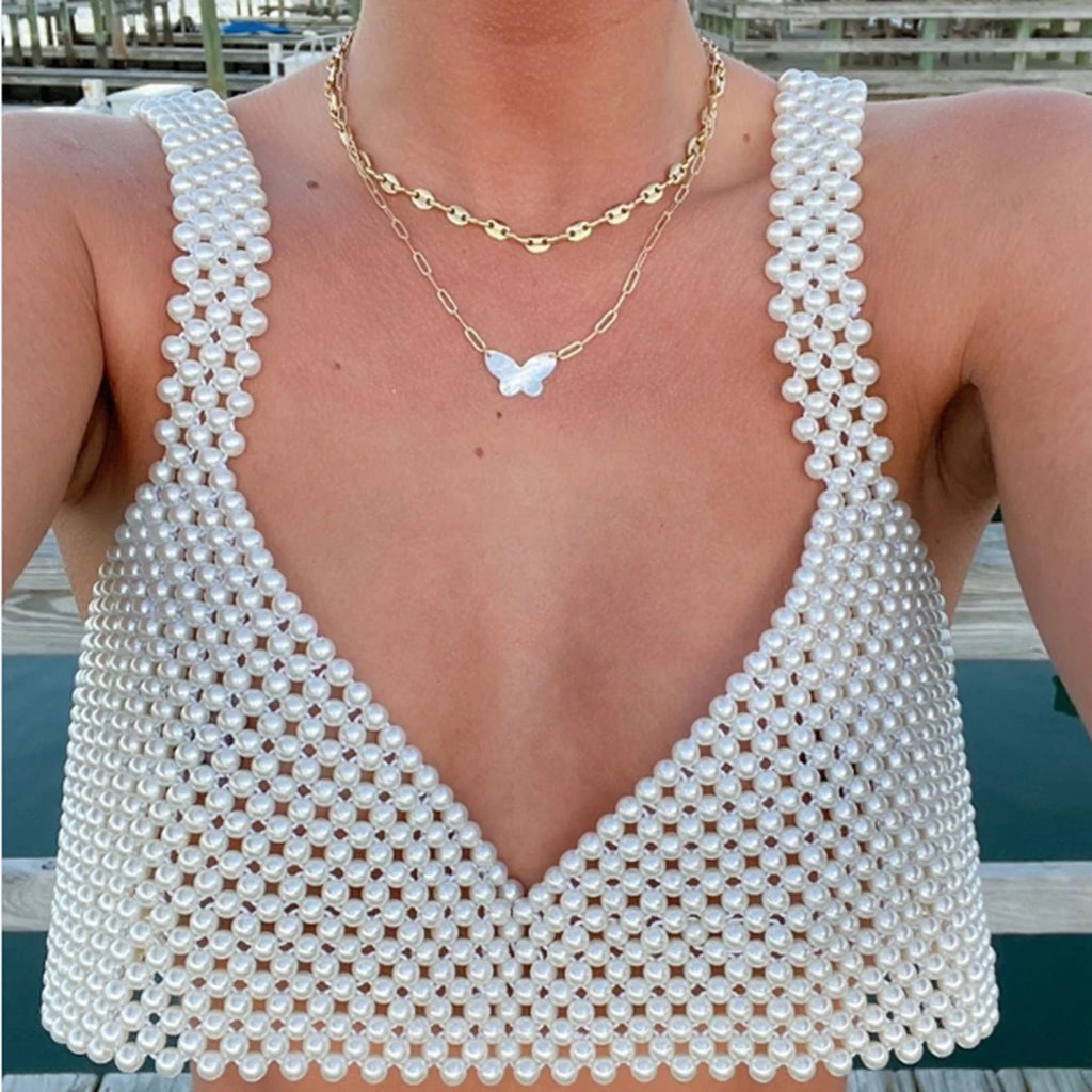 Women's Coquette Camisole, Adult Solid Color Sleeveless Hollow-Out Bead Decoration Matching Vest Sling Crop Tops