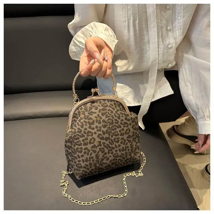Leopard Print Clip Buckle Bag Women's New Trendy Korean Fashion Versatile Shoulder Chain Bag Women Messenger Bag