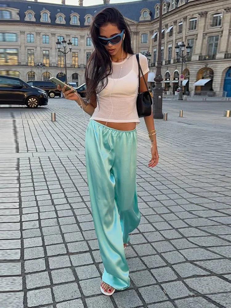 Solid Satin Long Sleeve Casual 2 Piece Set Women Stand Collar Zip Crop Coat Elastic Waist Pants Autumn New Street Matching Suit