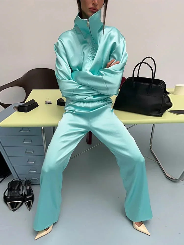 Solid Satin Long Sleeve Casual 2 Piece Set Women Stand Collar Zip Crop Coat Elastic Waist Pants Autumn New Street Matching Suit