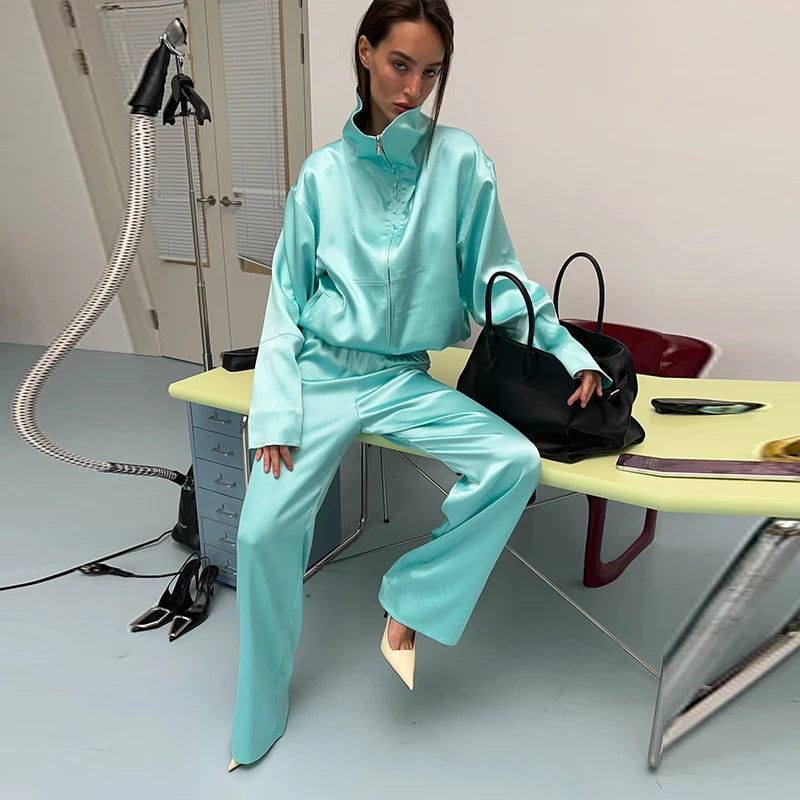 Elegant Loose Solid Jacket Pants Women's Suit Full Sleeve Stand Collar Zipper Jacket Wide Leg Female 2026 Autumn Winter Lady New