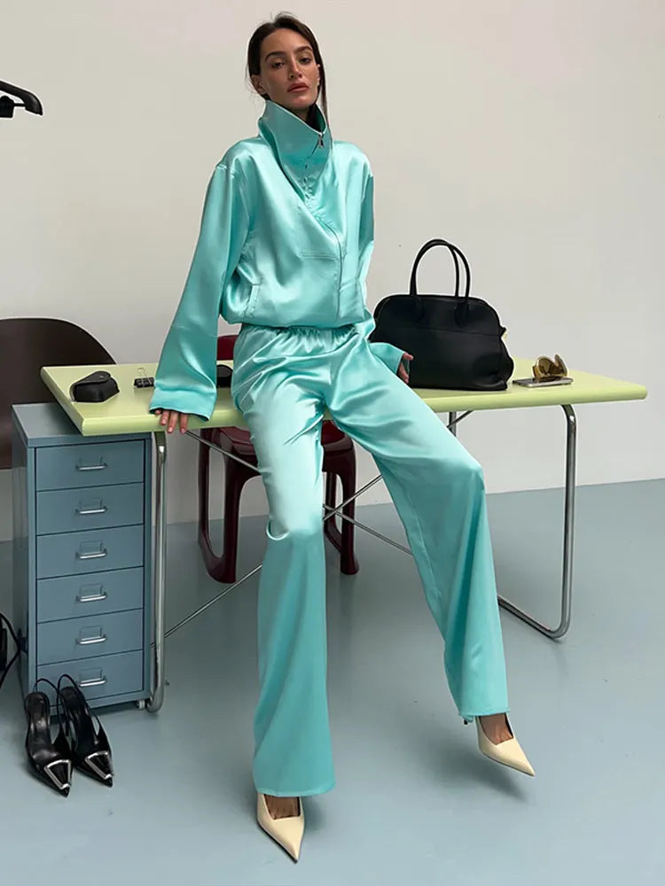 Elegant Loose Solid Jacket Pants Women's Suit Full Sleeve Stand Collar Zipper Jacket Wide Leg Female 2026 Autumn Winter Lady New