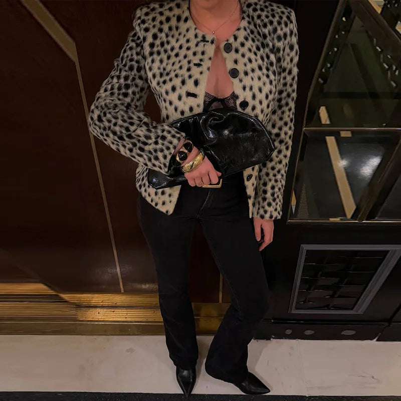 Chic Leopard Print Crop Jacket Women Modern O-neck Single Breasted Full Sleeve Coat Female 2026 Autumn Lady Outwears New