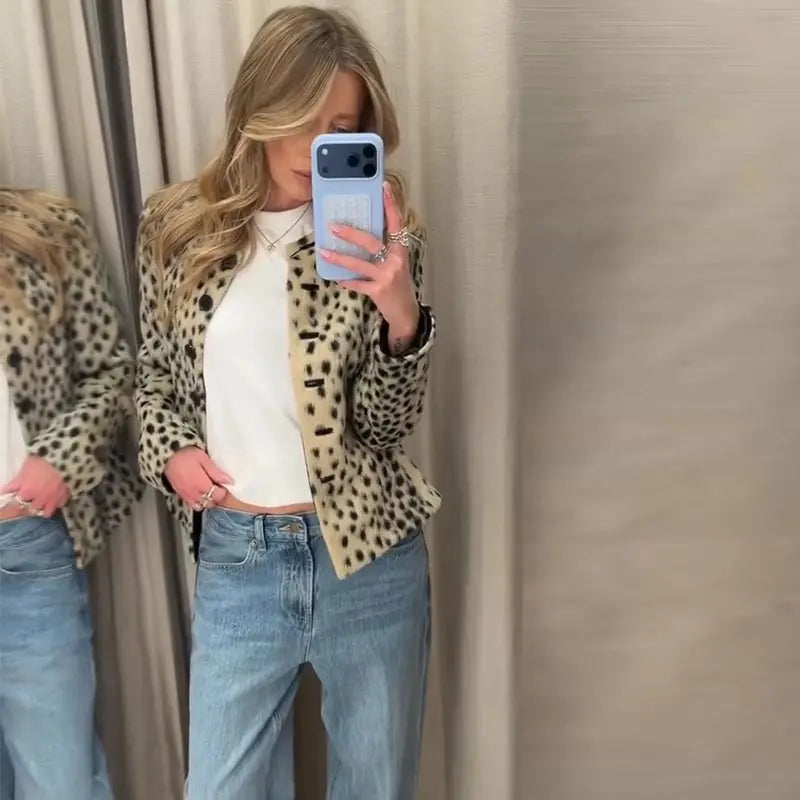 Chic Leopard Print Crop Jacket Women Modern O-neck Single Breasted Full Sleeve Coat Female 2026 Autumn Lady Outwears New