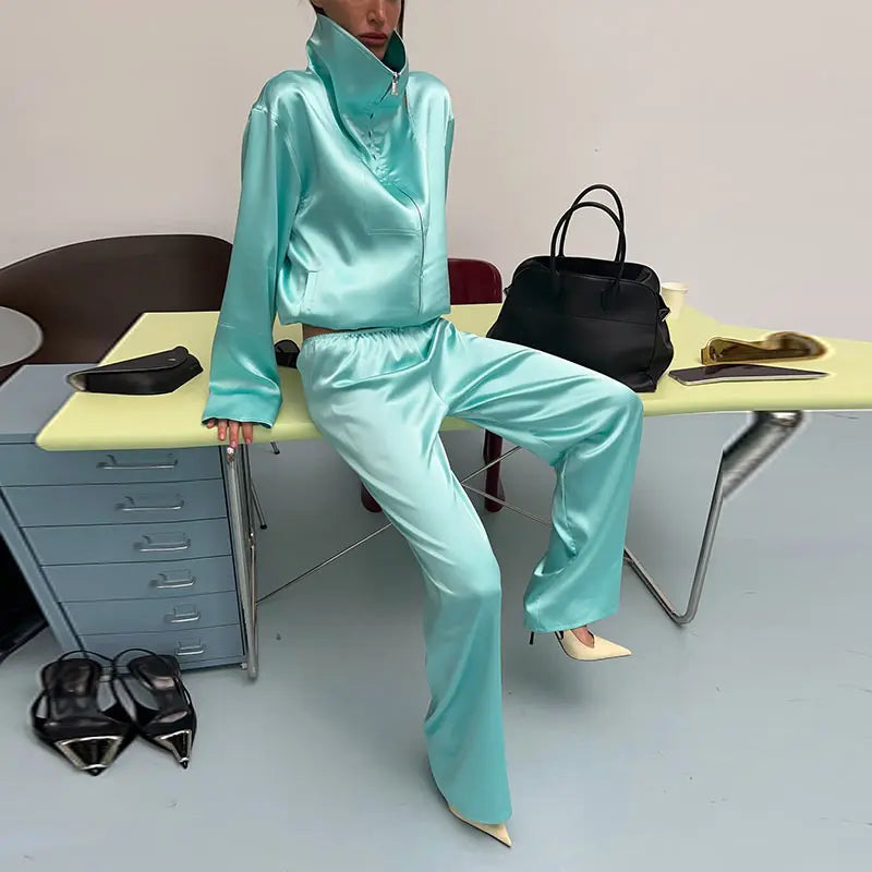 Elegant Loose Solid Jacket Pants Women's Suit Full Sleeve Stand Collar Zipper Jacket Wide Leg Female 2026 Autumn Winter Lady New