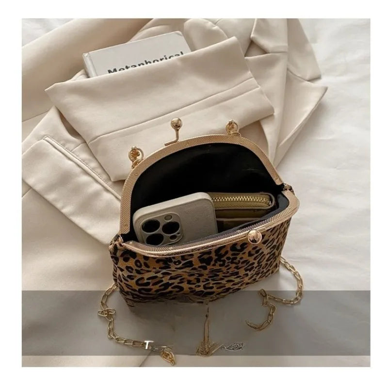 Leopard Print Clip Buckle Bag Women's New Trendy Korean Version Fashion Versatile Shoulder Chain Bag Women  Messenger Bag Women
