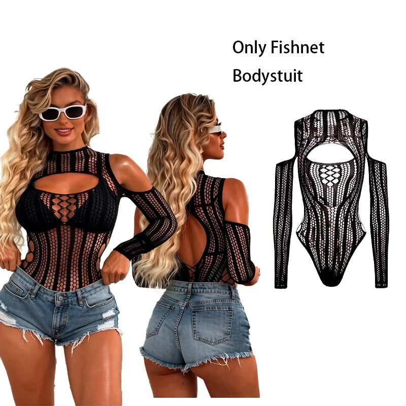 Mesh Rave Bodysuit Women Summer Sexy Long Sleeve Beach Cover Up hollow Out Sheer Fishnet Swimsuit Music Festival Outfit