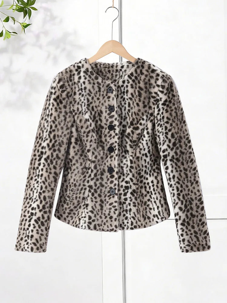 Chic Leopard Print Crop Jacket Women Modern O-neck Single Breasted Full Sleeve Coat Female 2026 Autumn Lady Outwears New