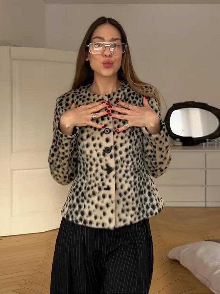 Chic Leopard Print Crop Jacket Women Modern O-neck Single Breasted Full Sleeve Coat Female 2026 Autumn Lady Outwears New