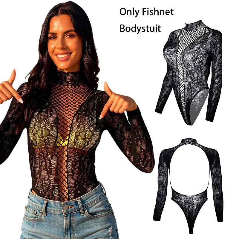 Mesh Rave Bodysuit Women Summer Sexy Long Sleeve Beach Cover Up hollow Out Sheer Fishnet Swimsuit Music Festival Outfit