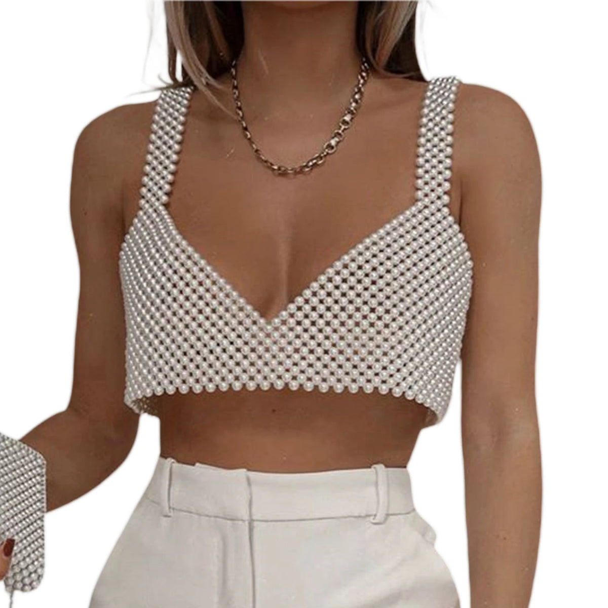 Women's Coquette Camisole, Adult Solid Color Sleeveless Hollow-Out Bead Decoration Matching Vest Sling Crop Tops