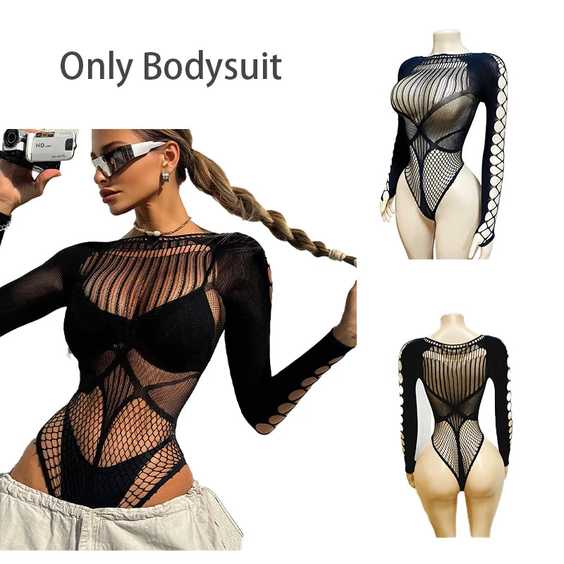 Mesh Rave Bodysuit Women Summer Sexy Long Sleeve Beach Cover Up hollow Out Sheer Fishnet Swimsuit Music Festival Outfit