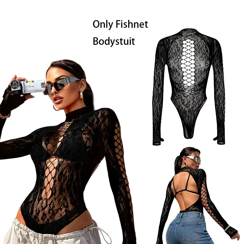 Mesh Rave Bodysuit Women Summer Sexy Long Sleeve Beach Cover Up hollow Out Sheer Fishnet Swimsuit Music Festival Outfit