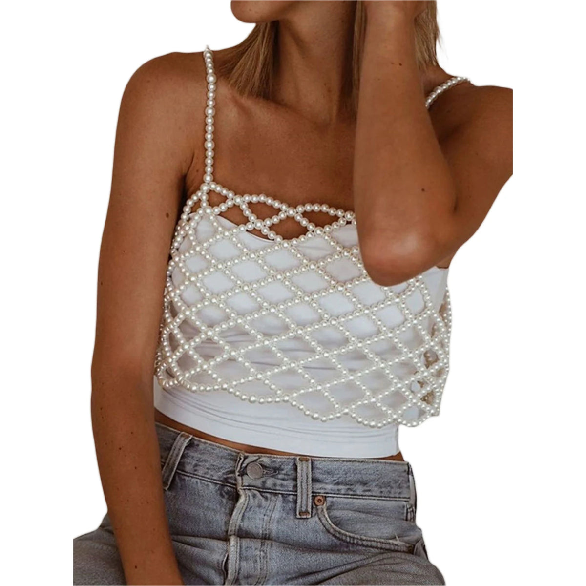Women's Coquette Camisole, Adult Solid Color Sleeveless Hollow-Out Bead Decoration Matching Vest Sling Crop Tops