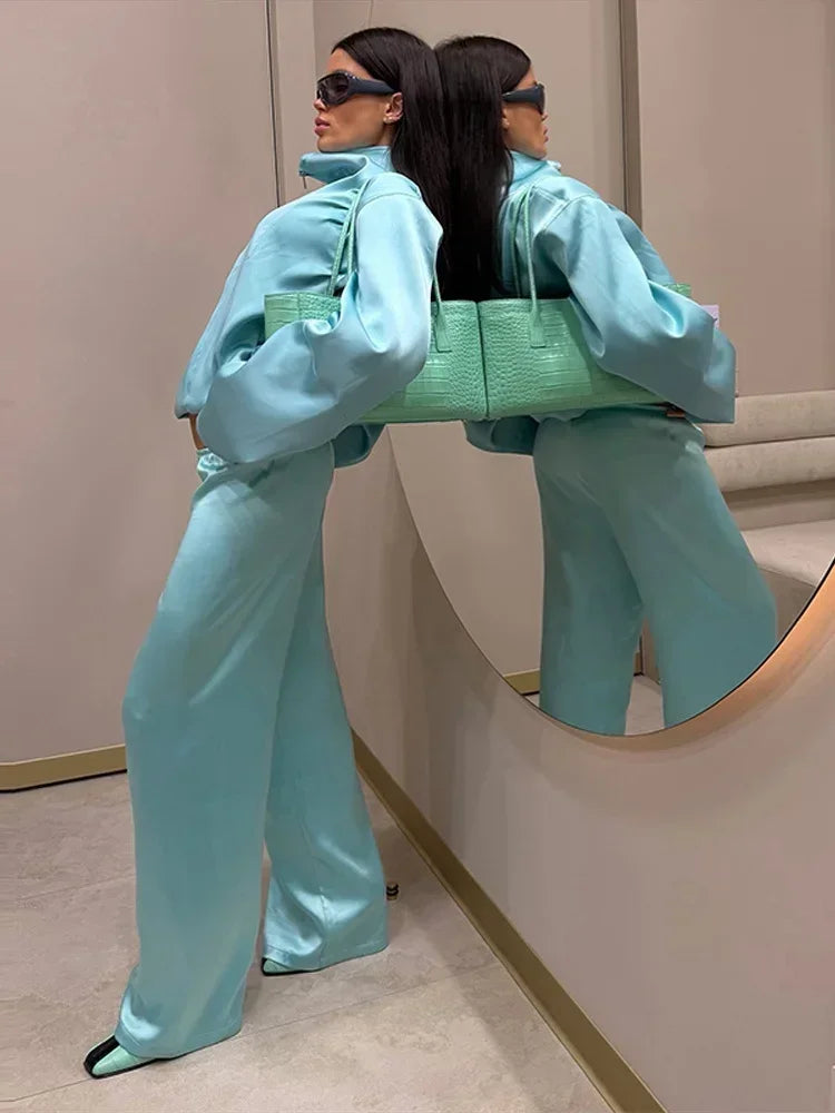 Solid Satin Long Sleeve Casual 2 Piece Set Women Stand Collar Zip Crop Coat Elastic Waist Pants Autumn New Street Matching Suit