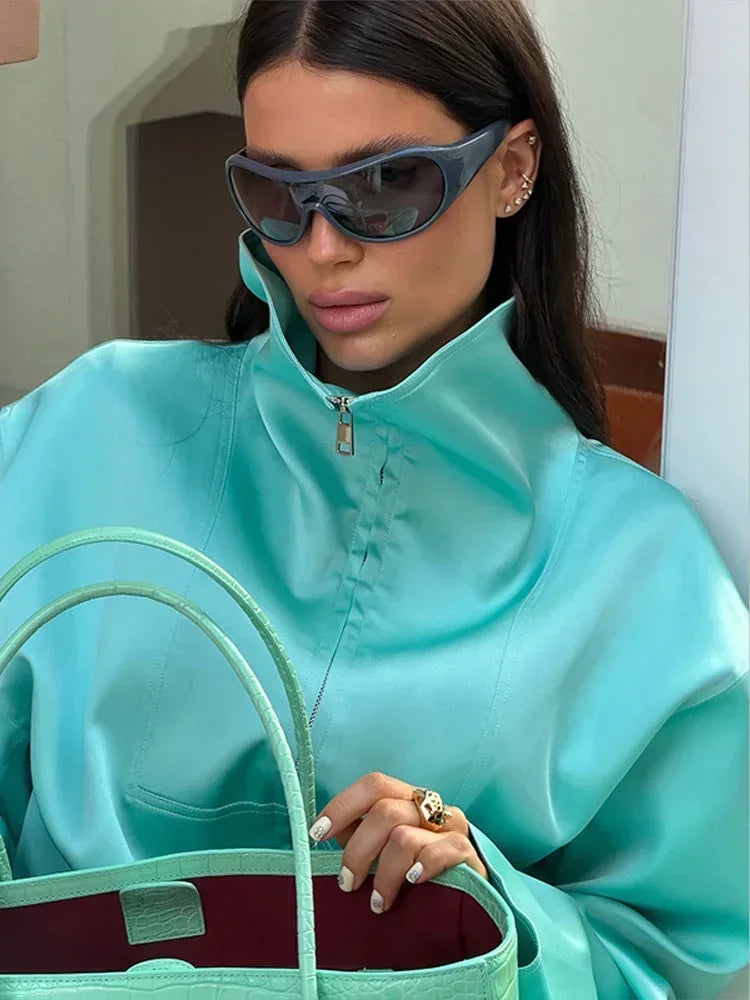 Solid Satin Long Sleeve Casual 2 Piece Set Women Stand Collar Zip Crop Coat Elastic Waist Pants Autumn New Street Matching Suit