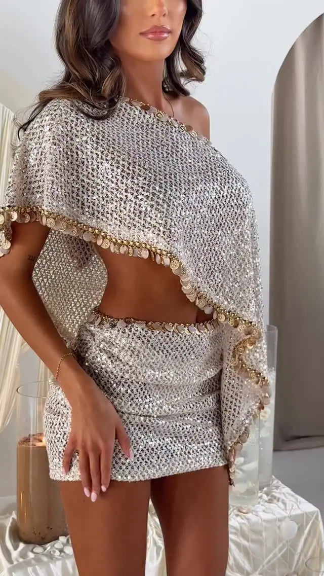 Champagne Sequin One Shoulder Mini Dress Sexy Short Sleeve Waist Cutout Bodycon Gown 2026 Summer Party Date Wedding Club Outfit