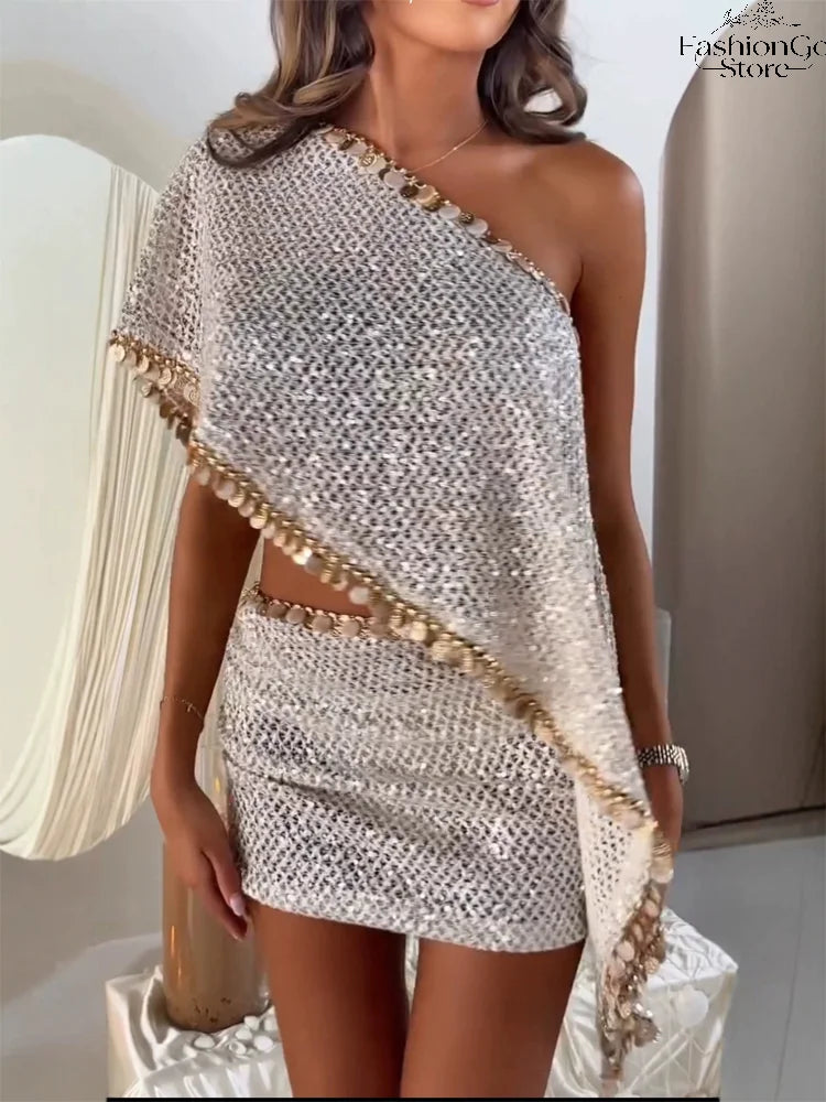 Champagne Sequin One Shoulder Mini Dress Sexy Short Sleeve Waist Cutout Bodycon Gown 2026 Summer Party Date Wedding Club Outfit