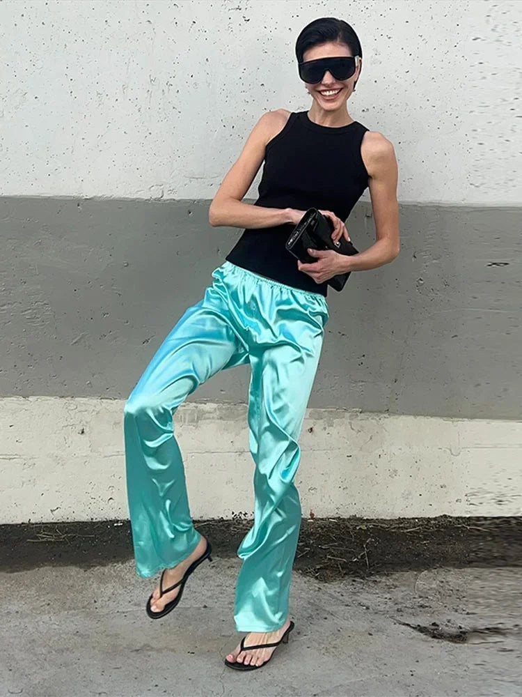 Solid Satin Long Sleeve Casual 2 Piece Set Women Stand Collar Zip Crop Coat Elastic Waist Pants Autumn New Street Matching Suit