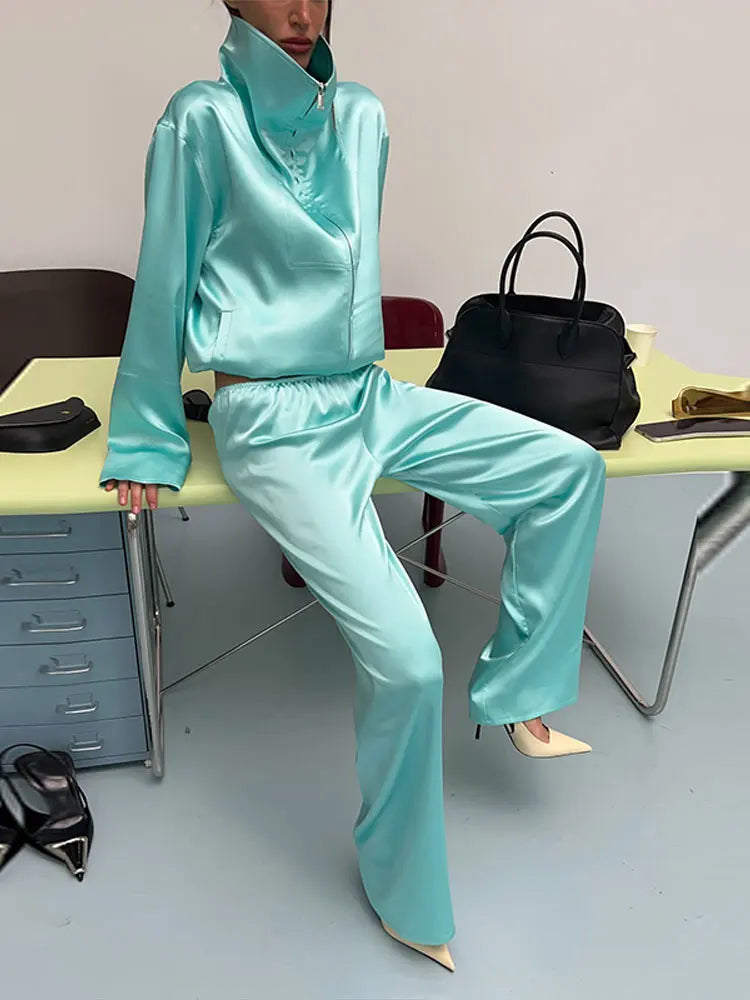 Elegant Loose Solid Jacket Pants Women's Suit Full Sleeve Stand Collar Zipper Jacket Wide Leg Female 2026 Autumn Winter Lady New