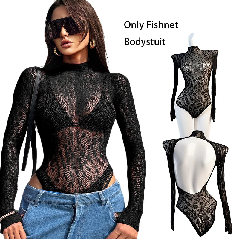 Mesh Rave Bodysuit Women Summer Sexy Long Sleeve Beach Cover Up hollow Out Sheer Fishnet Swimsuit Music Festival Outfit