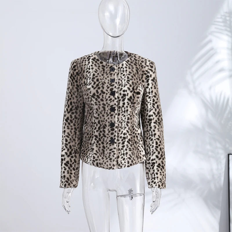 Chic Leopard Print Crop Jacket Women Modern O-neck Single Breasted Full Sleeve Coat Female 2026 Autumn Lady Outwears New