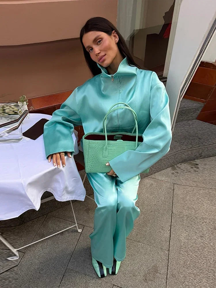 Solid Satin Long Sleeve Casual 2 Piece Set Women Stand Collar Zip Crop Coat Elastic Waist Pants Autumn New Street Matching Suit