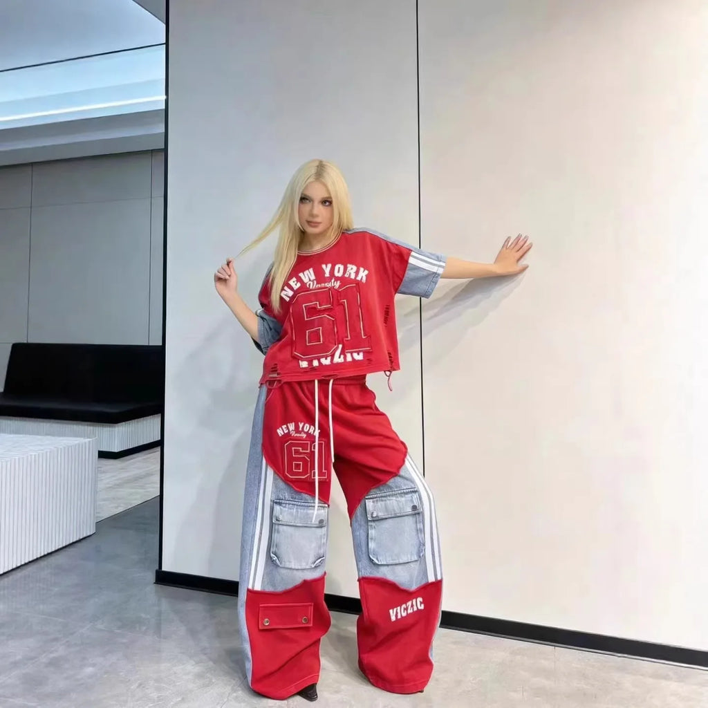 European Casual Suit Women's 2026 Spring and Summer New Letter-printed Trousers Denim Splicing Ripped Short-sleeved Top
