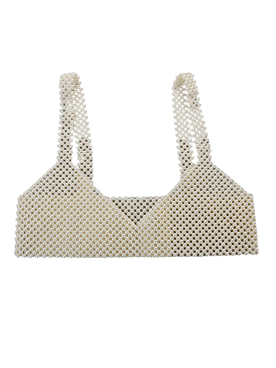Women's Coquette Camisole, Adult Solid Color Sleeveless Hollow-Out Bead Decoration Matching Vest Sling Crop Tops