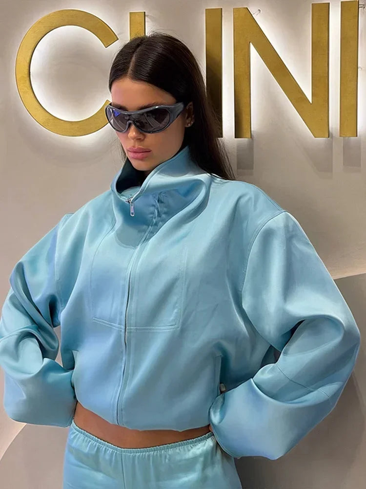 Solid Satin Long Sleeve Casual 2 Piece Set Women Stand Collar Zip Crop Coat Elastic Waist Pants Autumn New Street Matching Suit