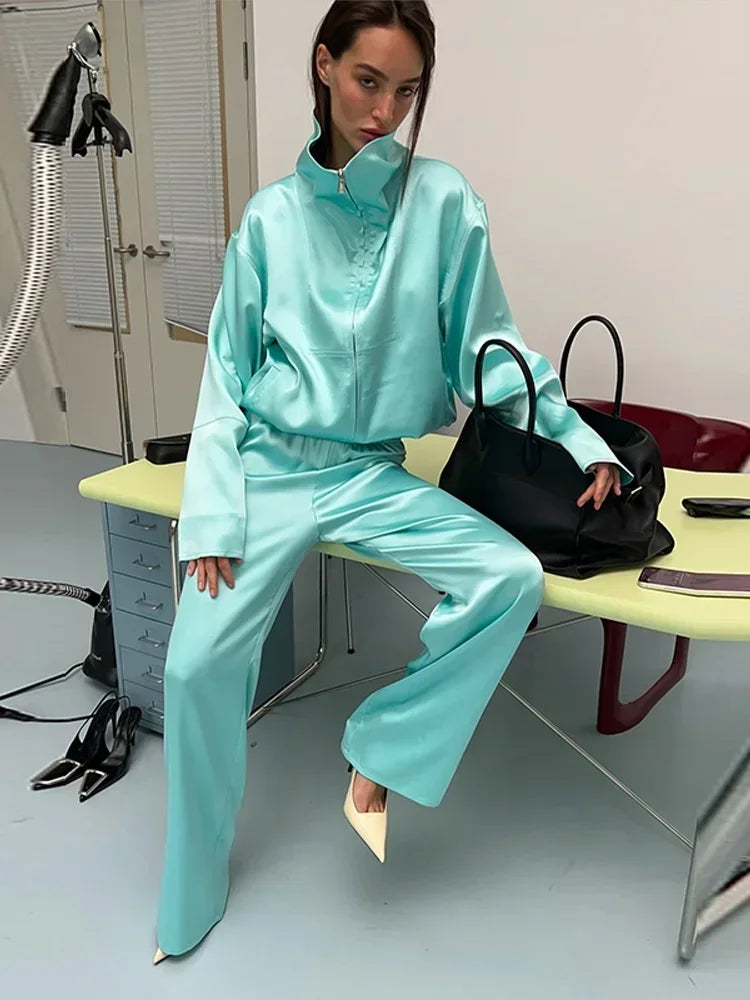 Solid Satin Long Sleeve Casual 2 Piece Set Women Stand Collar Zip Crop Coat Elastic Waist Pants Autumn New Street Matching Suit