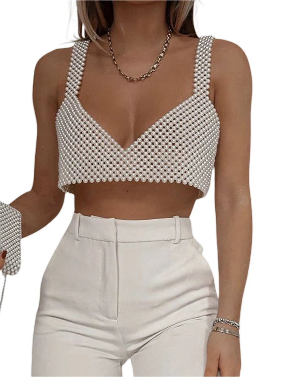 Women's Coquette Camisole, Adult Solid Color Sleeveless Hollow-Out Bead Decoration Matching Vest Sling Crop Tops