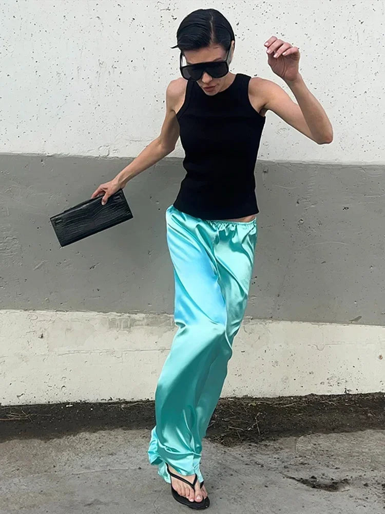Solid Satin Long Sleeve Casual 2 Piece Set Women Stand Collar Zip Crop Coat Elastic Waist Pants Autumn New Street Matching Suit