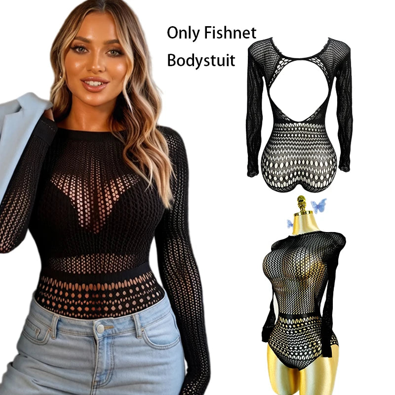 Mesh Rave Bodysuit Women Summer Sexy Long Sleeve Beach Cover Up hollow Out Sheer Fishnet Swimsuit Music Festival Outfit